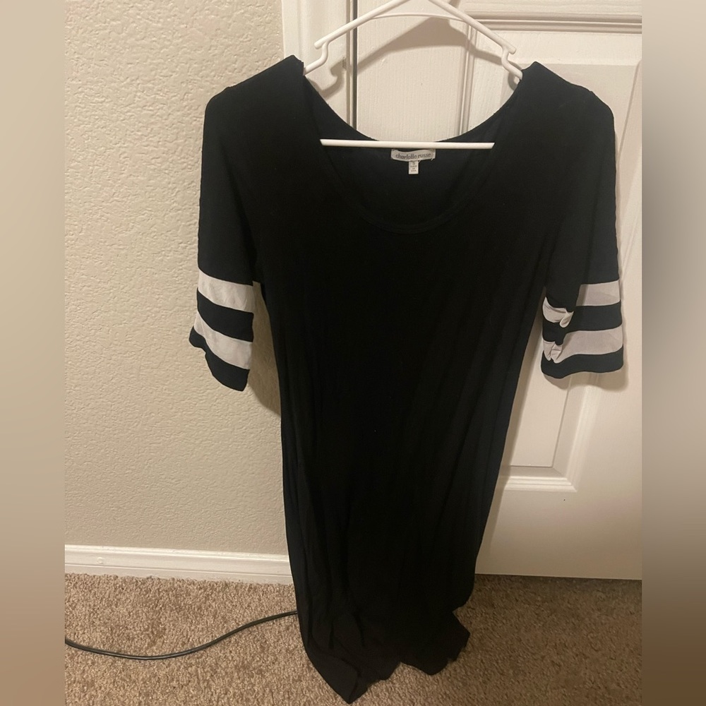 Black dress with white striped sleeves